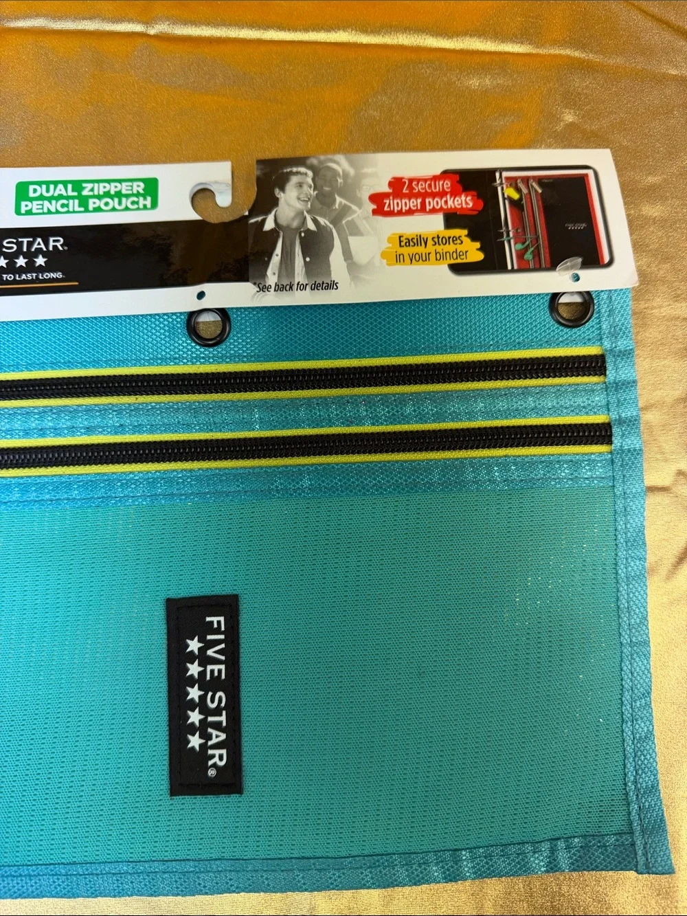 Five Star Teal Dual-Zipper Pencil Pouch with Yellow Accents